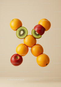 Creative fruit arrangement with oranges, kiwi, apples, and strawberry