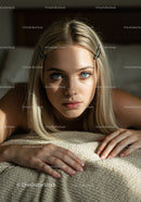 Young Blonde Woman with Blue Eyes Lying on a Beige Couch in Natural Light