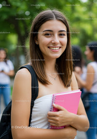 Smiling Young Woman Holding Pink Notebook in Outdoor Park