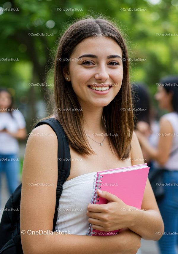 Smiling Young Woman Holding Pink Notebook in Outdoor Park
