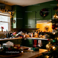 Cozy kitchen decorated for Christmas with warm lighting