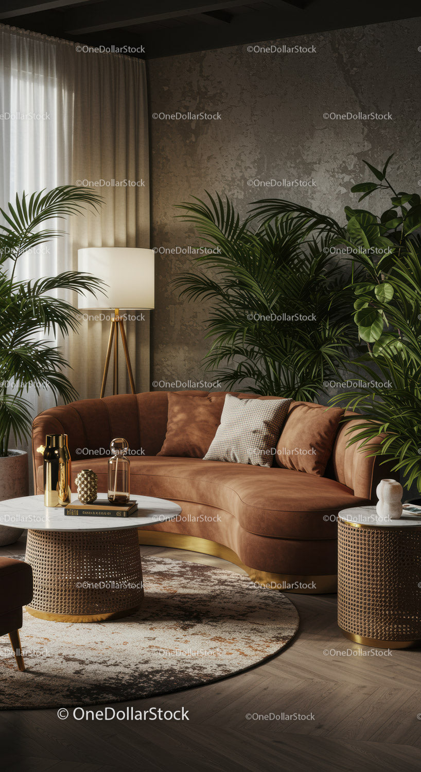 Cozy modern living room with curved leather sofa and plants