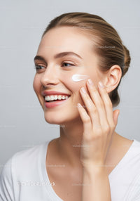 Smiling Woman Applying Skincare Cream on Cheek for Healthy Glowing Skin