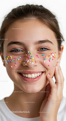 Young Woman with Colorful Sprinkles on Face in Joyful Celebration