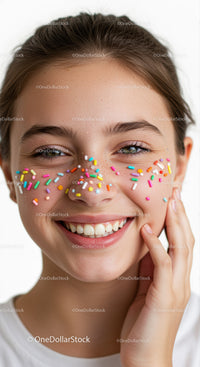 Young Woman with Colorful Sprinkles on Face in Joyful Celebration