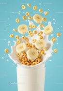 Banana slices and cereal splashing into milk glass