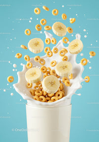 Banana slices and cereal splashing into milk glass