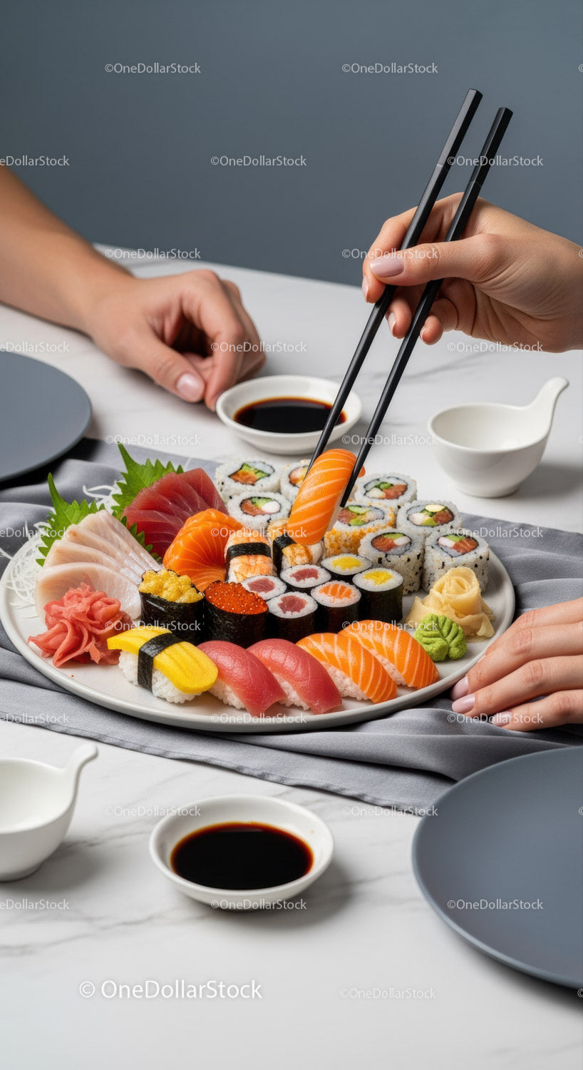 Assorted Sushi Platter with Sashimi and Soy Sauce for Dining