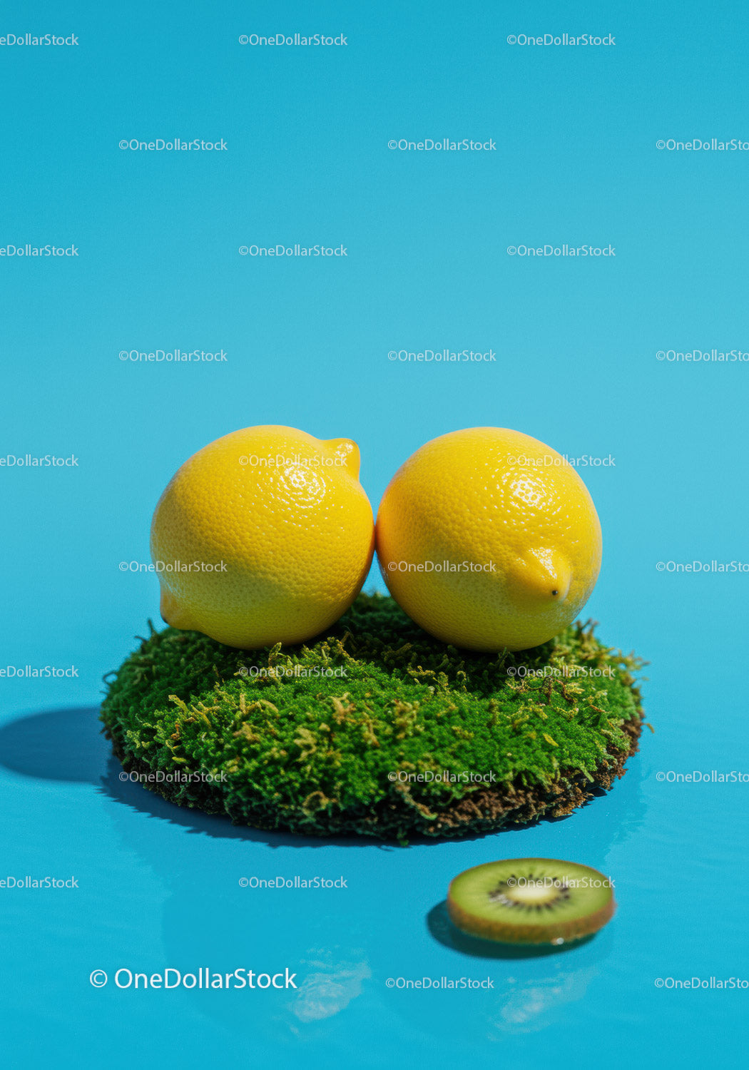 Fresh lemons on green moss with kiwi slice nearby
