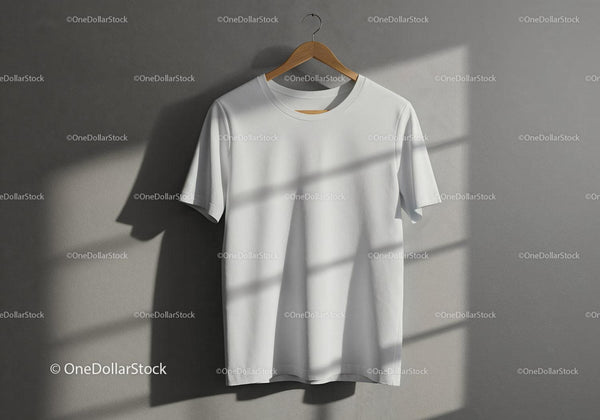 Plain white t-shirt hanging on wooden hanger against wall JPG Mockup Image