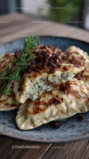 Delicious Fried Potstickers with Soy-Glazed Onion Garnish in a Rustic Bowl