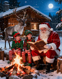 Santa Claus reading to elves by fire in snowy winter night