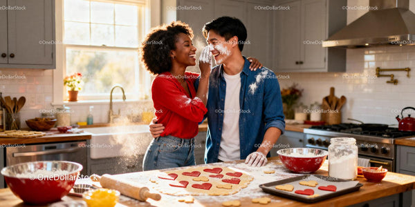 Couple Playfully Baking Heart-Shaped Cookies Together