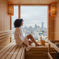 Young Woman Sitting in Sauna with City Skyline View