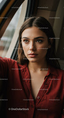 Confident Young Woman in Red Shirt Looking Out Window