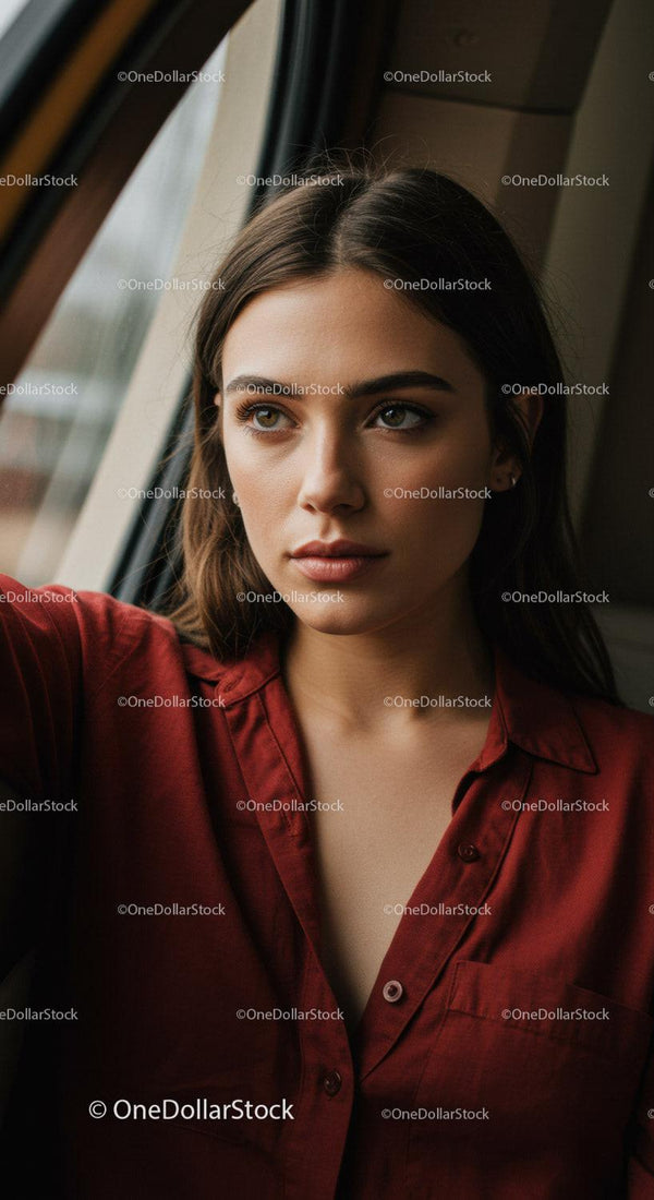 Confident Young Woman in Red Shirt Looking Out Window