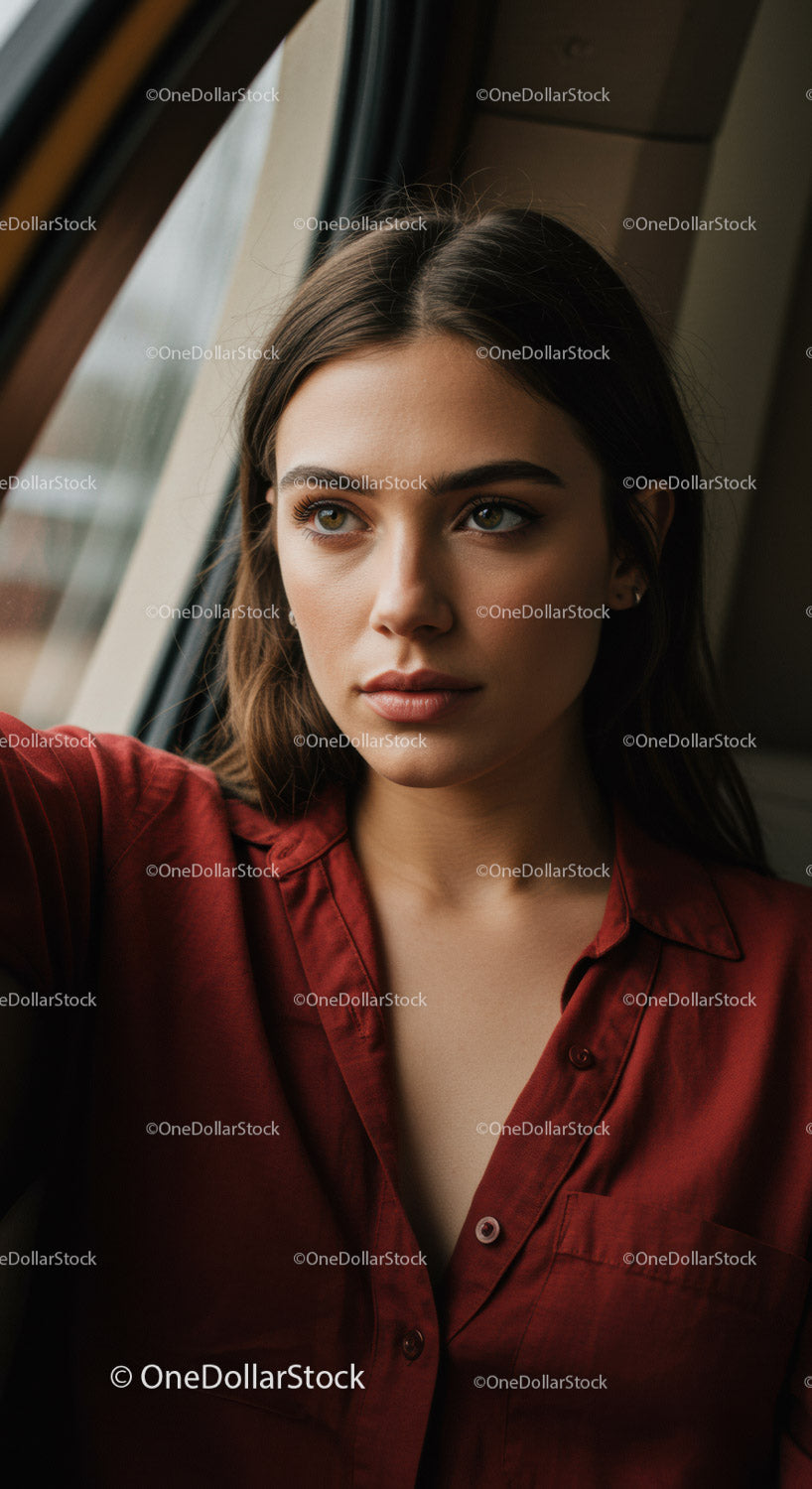 Confident Young Woman in Red Shirt Looking Out Window