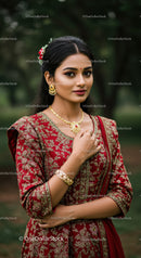 Beautiful Indian Woman in Red Saree with Gold Jewelry in Outdoor Setting