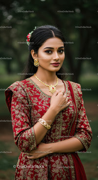 Beautiful Indian Woman in Red Saree with Gold Jewelry in Outdoor Setting