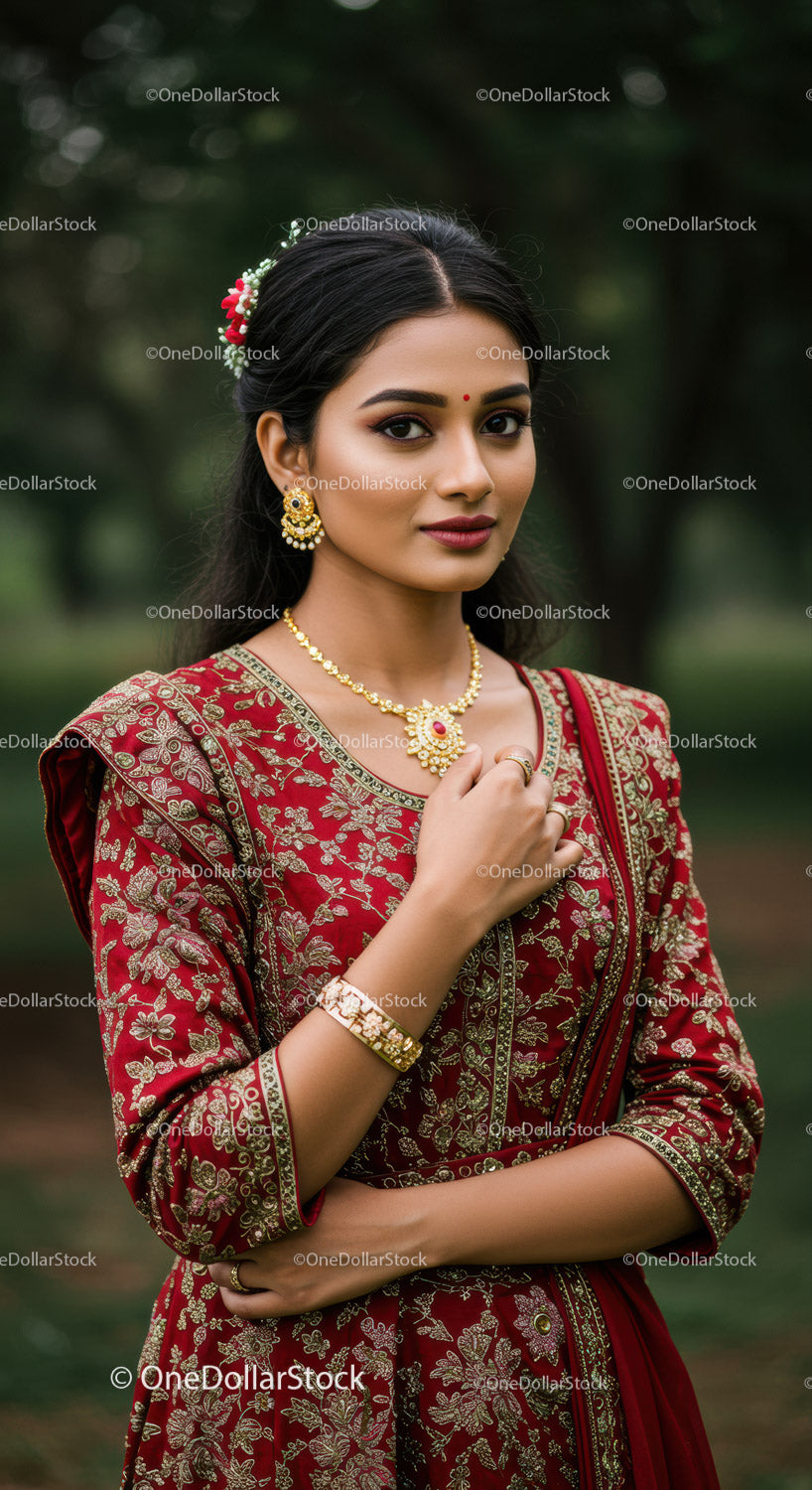 Beautiful Indian Woman in Red Saree with Gold Jewelry in Outdoor Setting