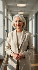 Elegant Senior Woman Standing in Bright Office Corridor