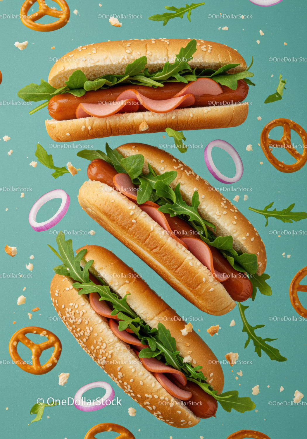 Three Gourmet Hot Dogs with Arugula and Sesame Buns