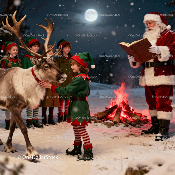 Santa and Elves with Reindeer by Campfire on Snowy Night