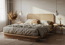 Cozy bedroom interior with natural textures and warm lighting