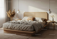 Cozy bedroom interior with natural textures and warm lighting