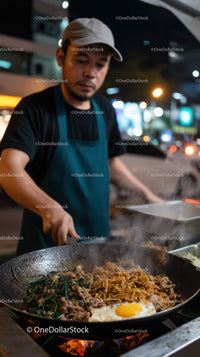 Stir-fried Noodles in a Street Market with Bustling Atmosphere