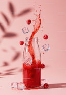 Refreshing raspberry juice with splashing liquid and ice cubes