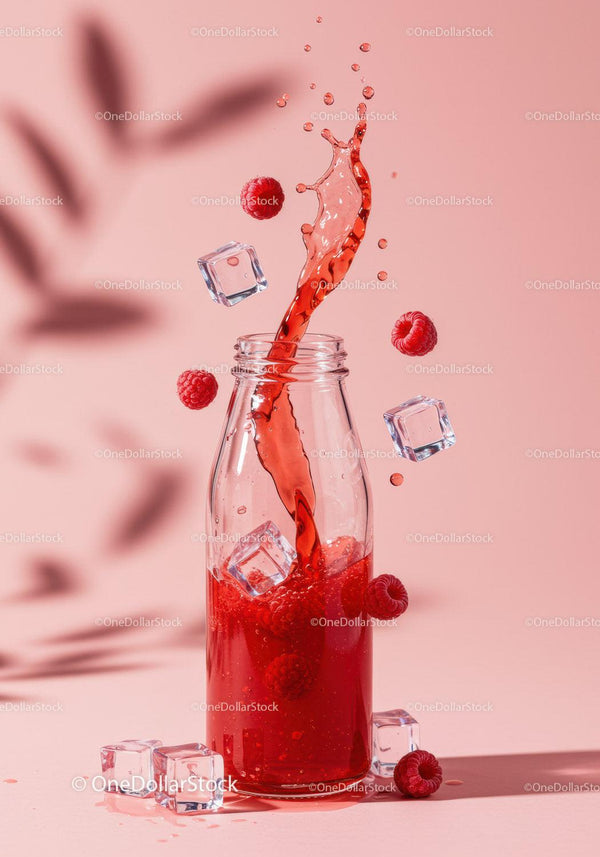 Refreshing raspberry juice with splashing liquid and ice cubes