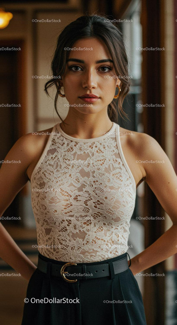 Stylish Young Woman Wearing Lace Top and Earrings Indoor Portrait