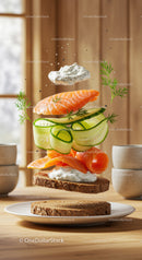 Fresh salmon sandwich ingredients with creamy herb sauce