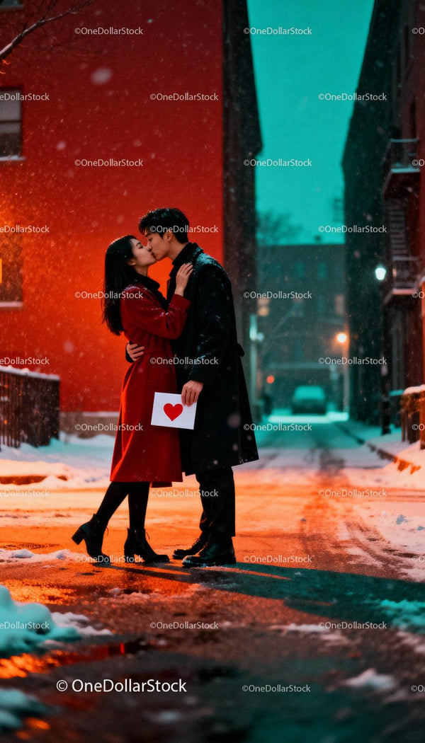Couple sharing a kiss with love card on snowy street