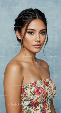 Elegant Portrait of a Young Woman in Floral Dress with Stylish Makeup