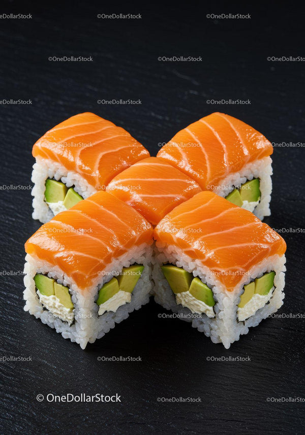 Świeże rolki sushi z łososiem, awokado i serkiem kremowym