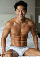 Smiling muscular man sitting on bed in white briefs