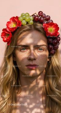 Beautiful Woman Wearing Floral Crown with Red Alstroemeria and Grape Flowers