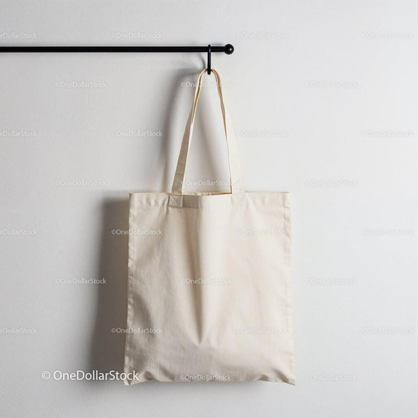Minimalist Canvas Tote Bag Hanging on Black Rod JPG Mockup Image