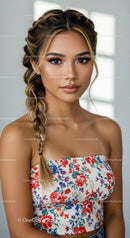 Young Woman with Braided Hair and Floral Top for Beauty and Fashion