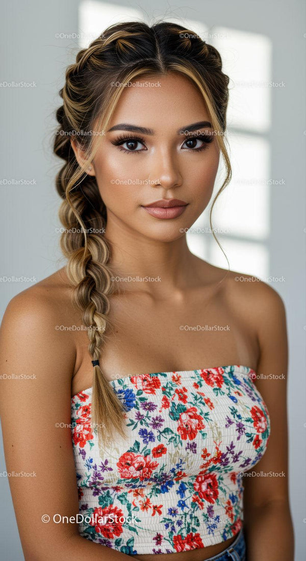 Young Woman with Braided Hair and Floral Top for Beauty and Fashion