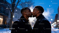 Winter evening kiss between loving men in the city