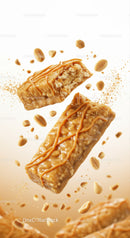 Crunchy peanut caramel energy bars with scattered peanuts