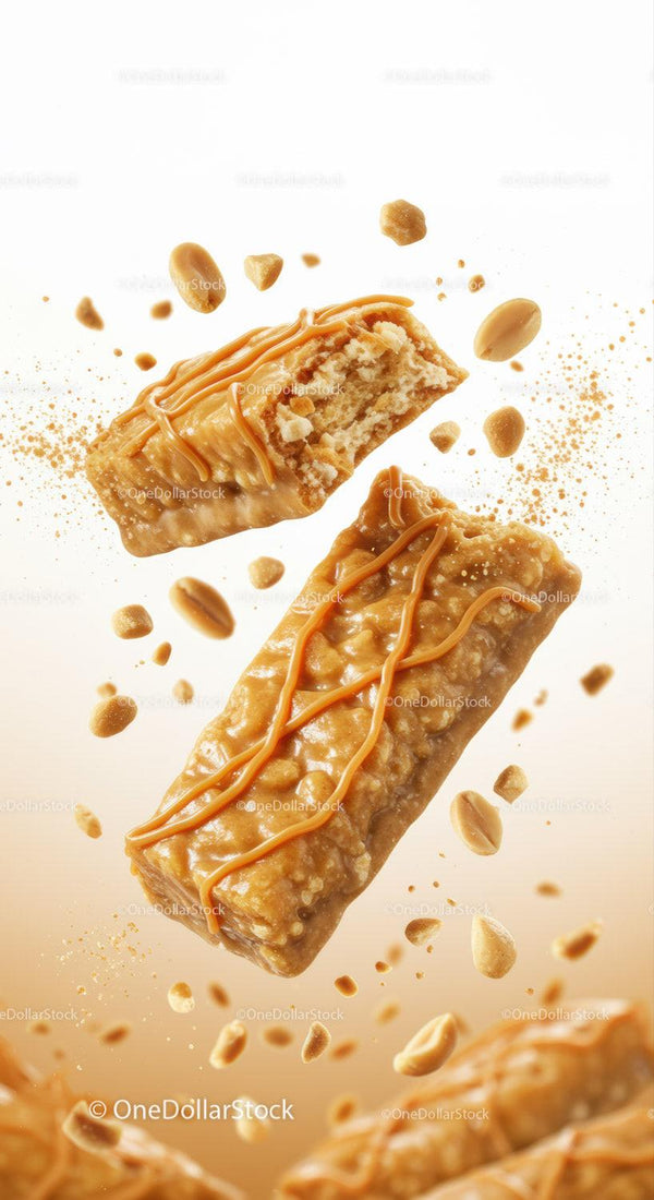 Crunchy peanut caramel energy bars with scattered peanuts