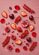Fresh Red Fruits and Petals on Pink Background