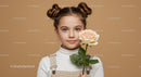 Young Girl with Pale Peach Rose Portrait on Soft Beige Background