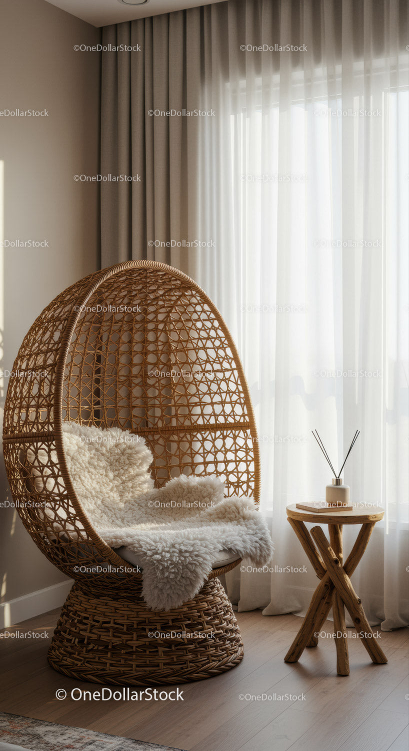Cozy rattan chair with soft sheepskin near bright window