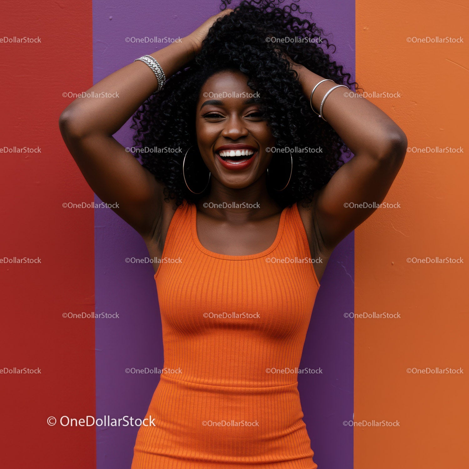 Joyful African American Woman in Vibrant Orange Dress Against Colorful Background
