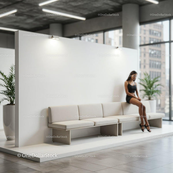 Pensive woman sitting on modern bench in bright lobby JPG Mockup Image